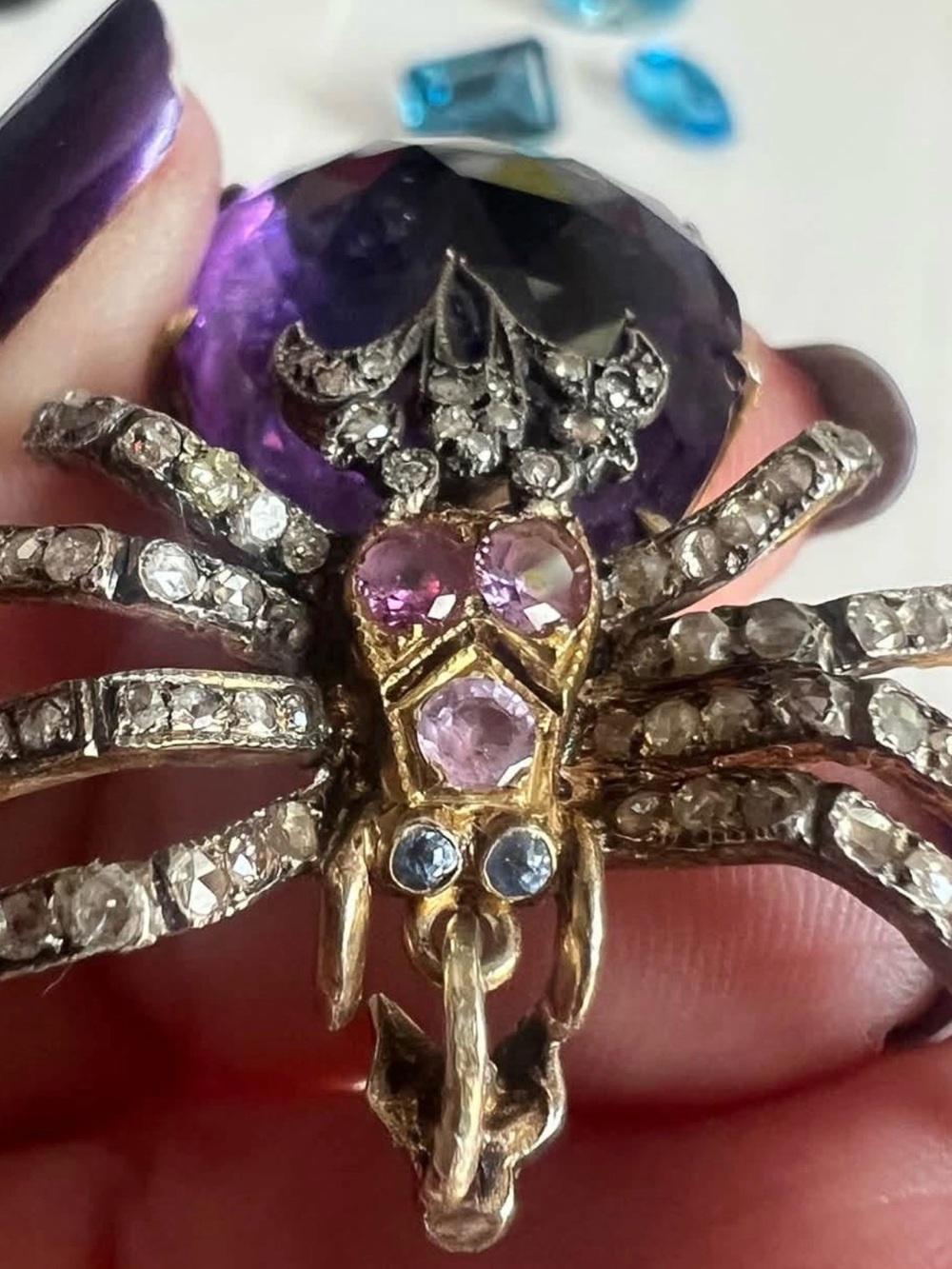 Antique SPIDER PENDANT 47.7ct Amethyst, Diamond, Blue & Pink Sapphire Gemstones - Picture 3 of 15